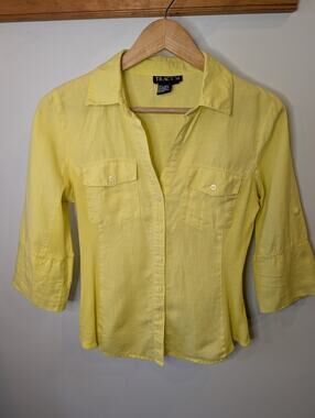 Tracy M Linen Button Down Shirt Butter Yellow 3/4 Sleeve Fitted Blouse Medium